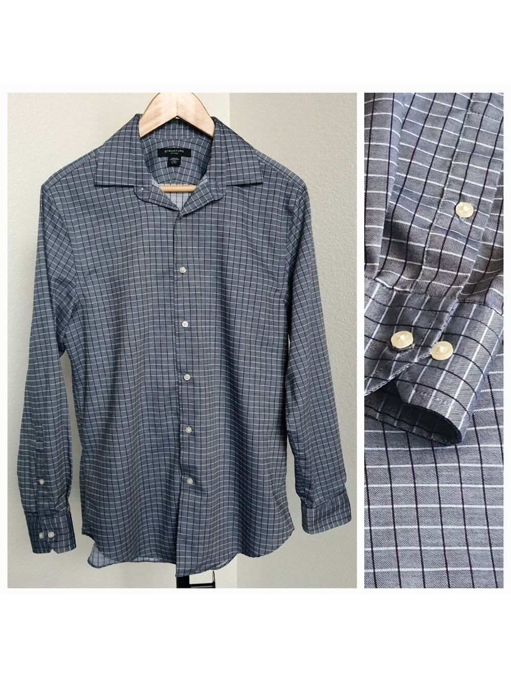 Structure Shirt Men M Blue Button Down Dress Shirt Long Sleeve Fitted Grid Check